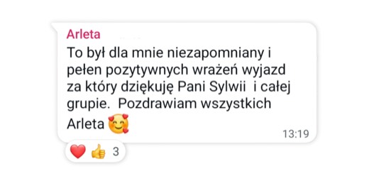 Wiadomość od zadowolonej uczestniczki wyjazdu